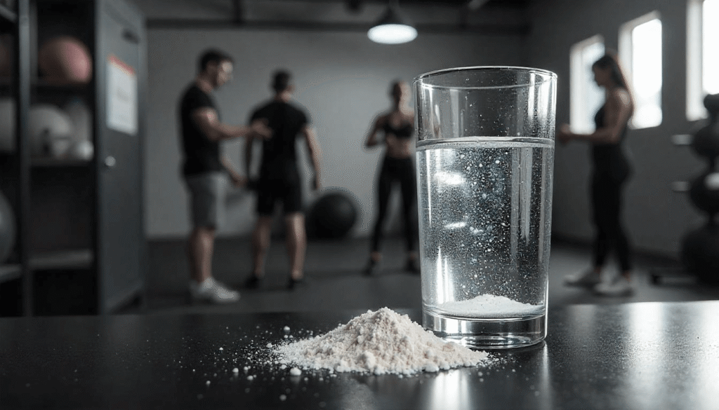 Suplemento de creatina para ganho de massa muscular em pó com copo de água